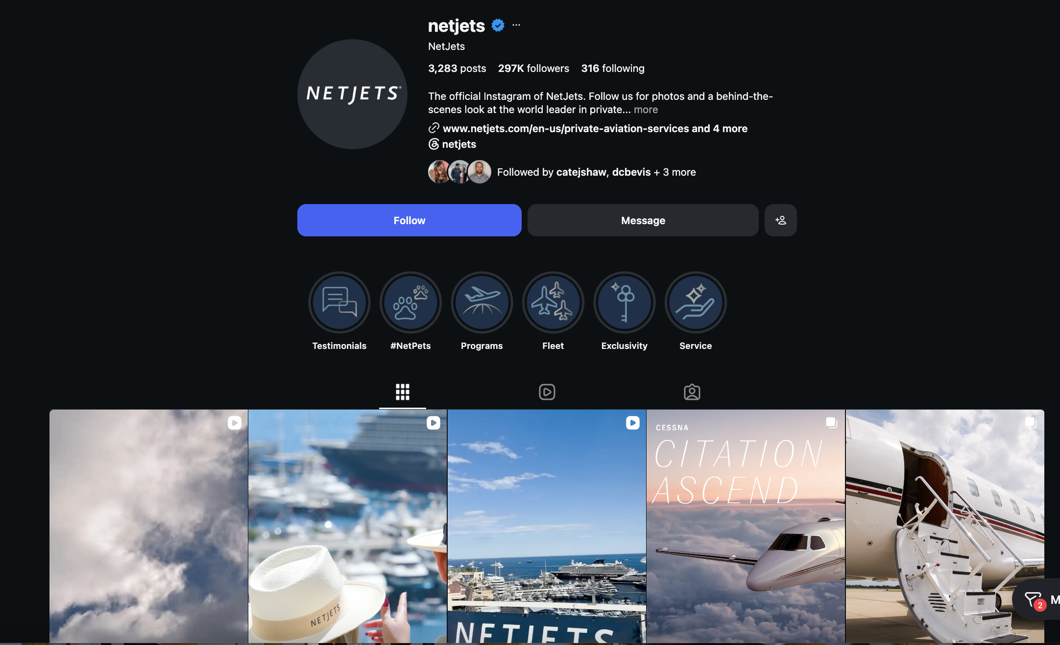 NetJets Instagram profile page
