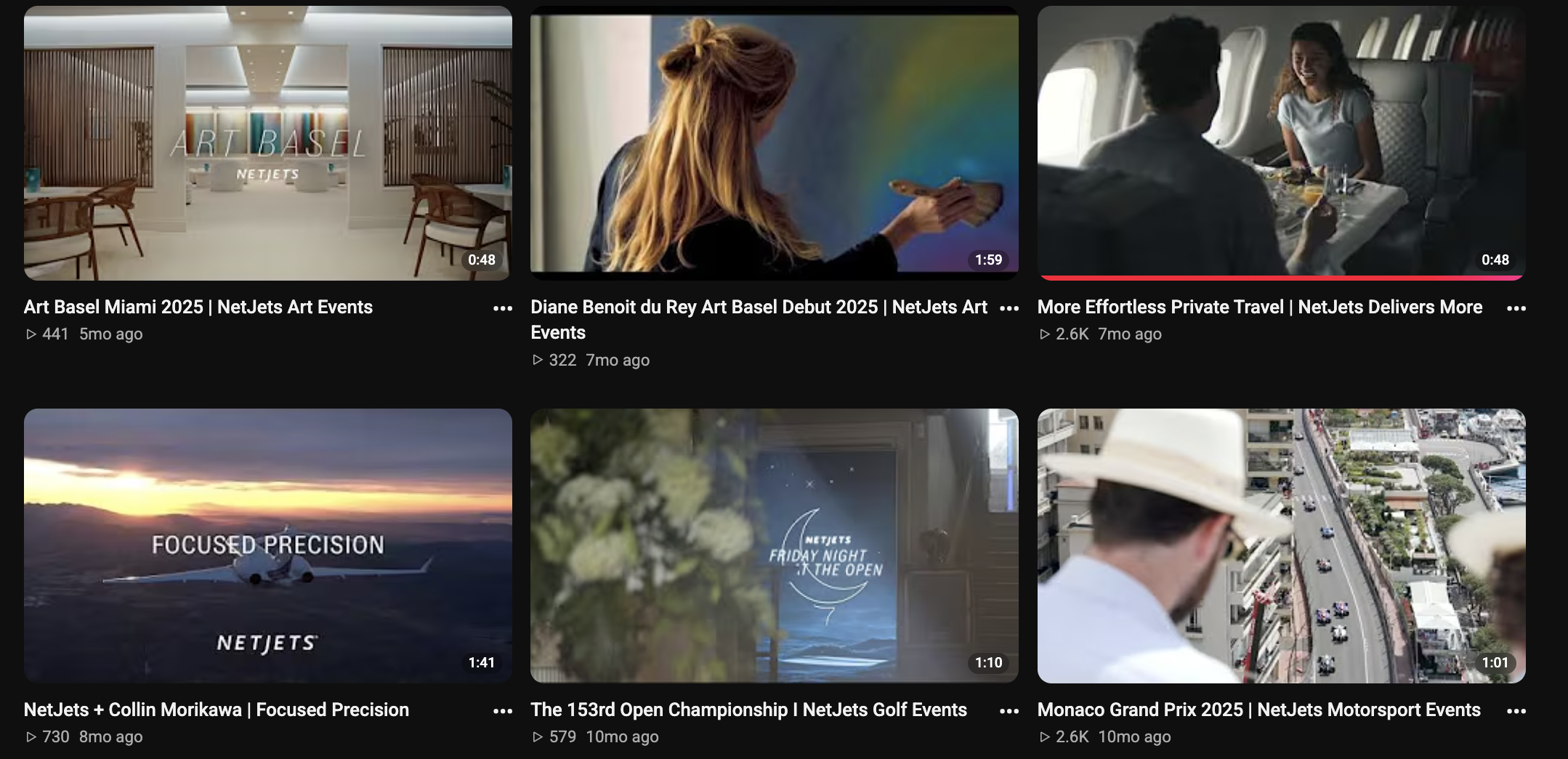 NetJets YouTube video library featuring event and athlete partnership content
